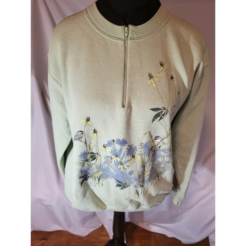 Vintage Country Store Size M Green Bird &  Floral‎ 1/3 Zip Sweatshirt
